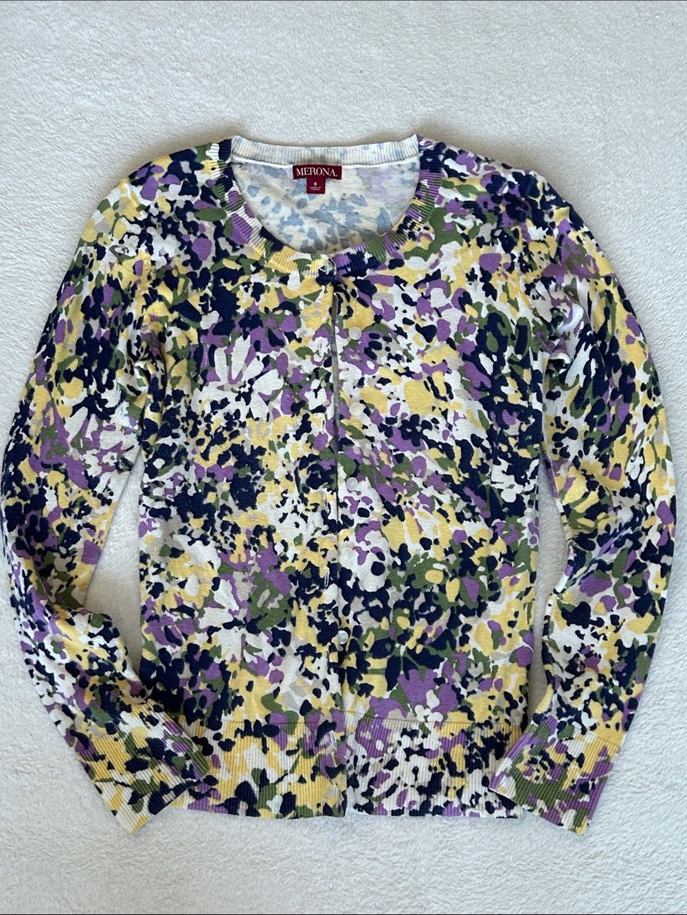 Merona VintageWomen’s Button Down Cardigan Purple Yellow Green Animal Print S